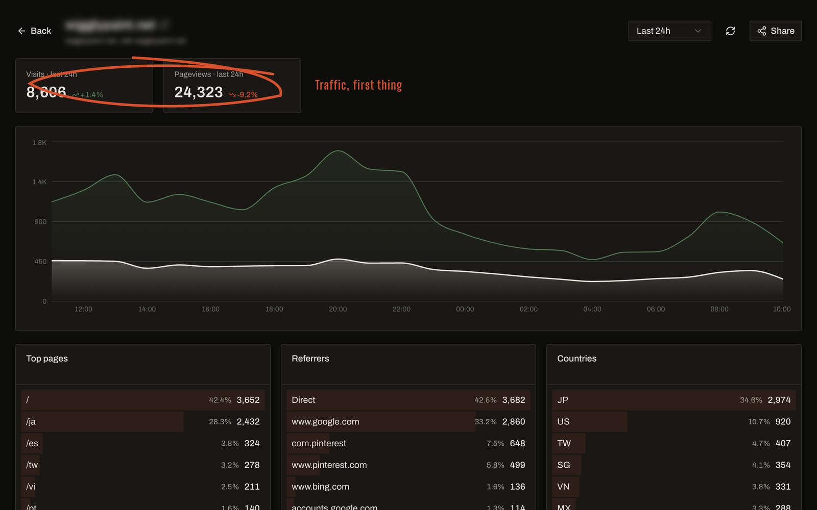 A site detail page in My Web Dash opening straight onto visits, pageviews and an hourly traffic chart.